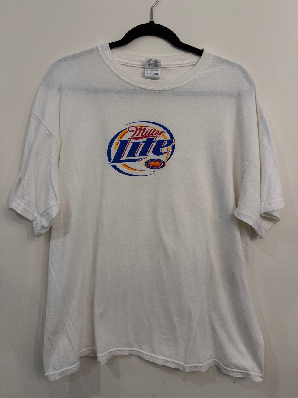 Gildan White Short Sleeve Tee with Blue and Gold Miller Lite Logo